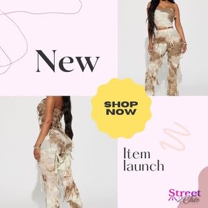 Tan Boot Cut Flare Jumpsuit with Marbled Pattern